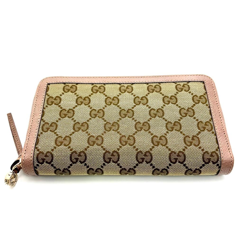 Gucci Bree GG Round Zip Long Wallet Beige Cream Pink Canvas Calfskin